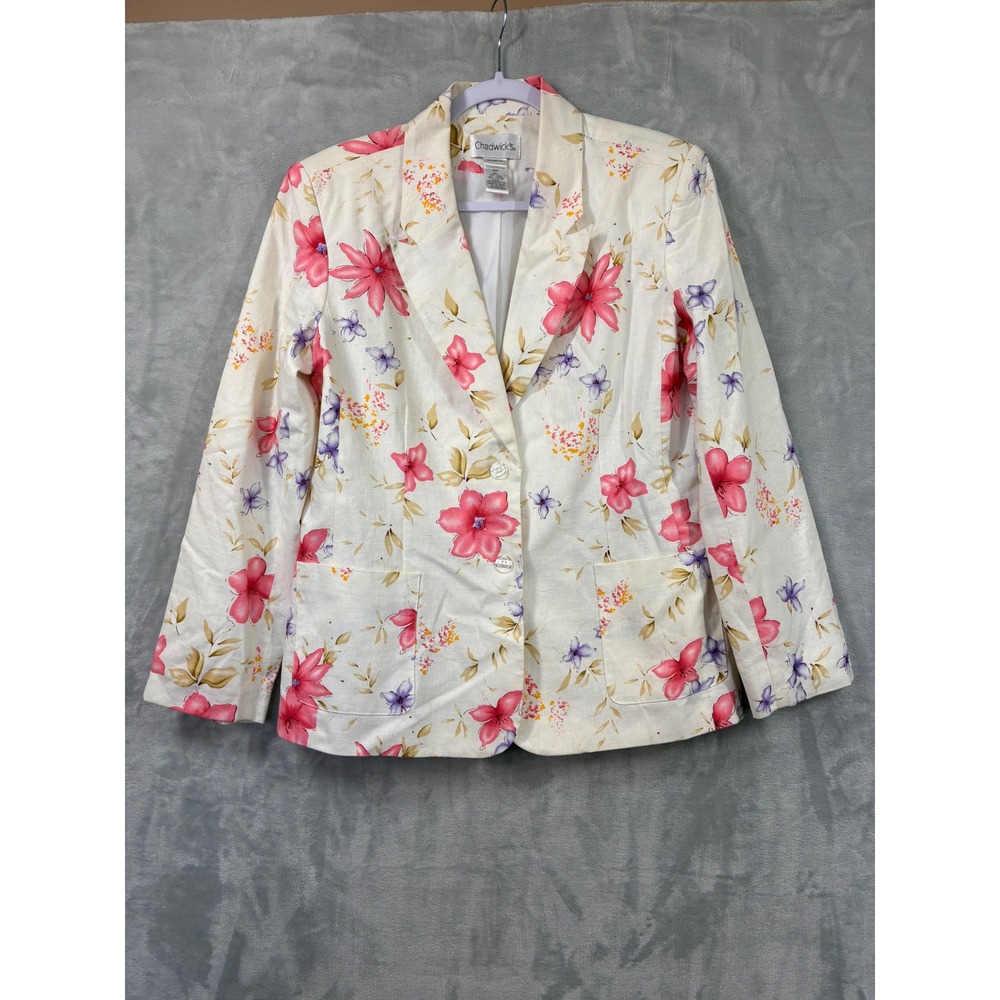 Chadwicks Floral Linen Blend Blazer Pink Purple Cream Petite 12P 21-5357-5